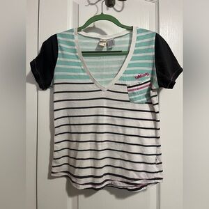 Billabong Striped V-Neck Tee - Black, White, Mint, Pink